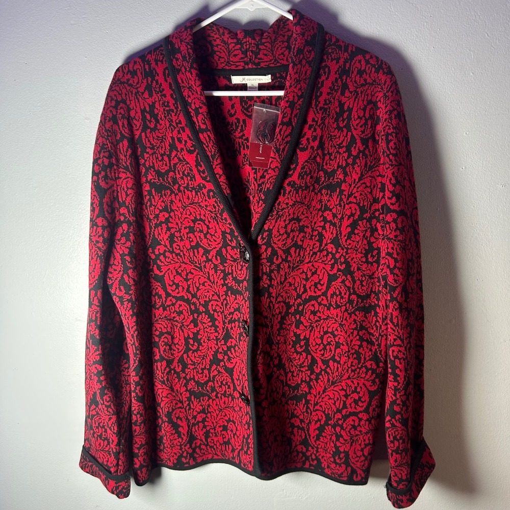 JM Collection Women's Red Black Damask Knit‎ Cardigan Sweater XL Button Front